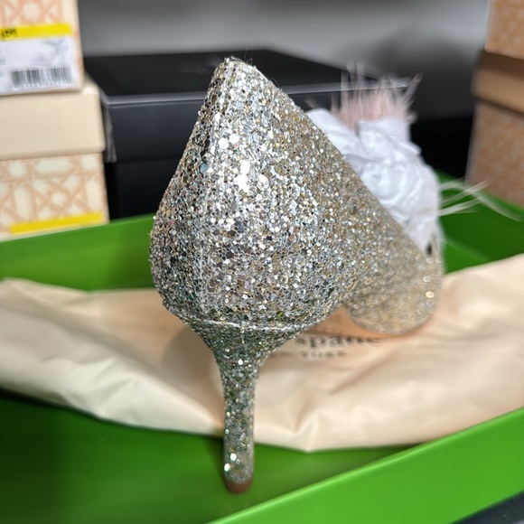 Kate Spade Silver Glitter Heels with Pink Feather Women's Marabou Dress Heels - Picture 5 of 10